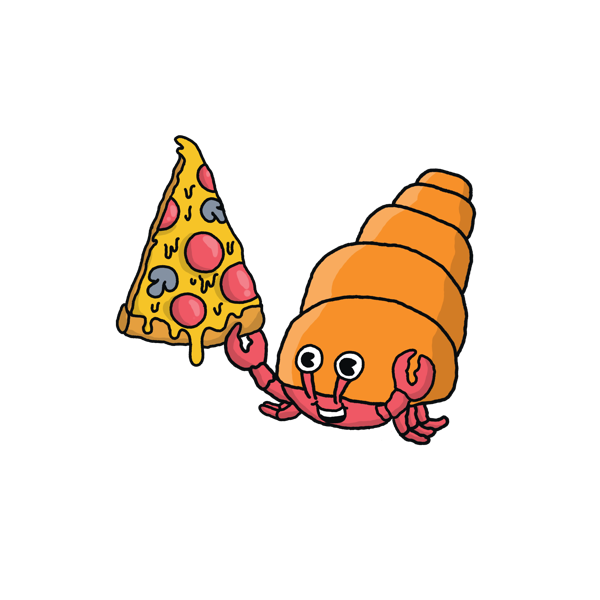 Pinchy the hermit crab holding a pizza slice