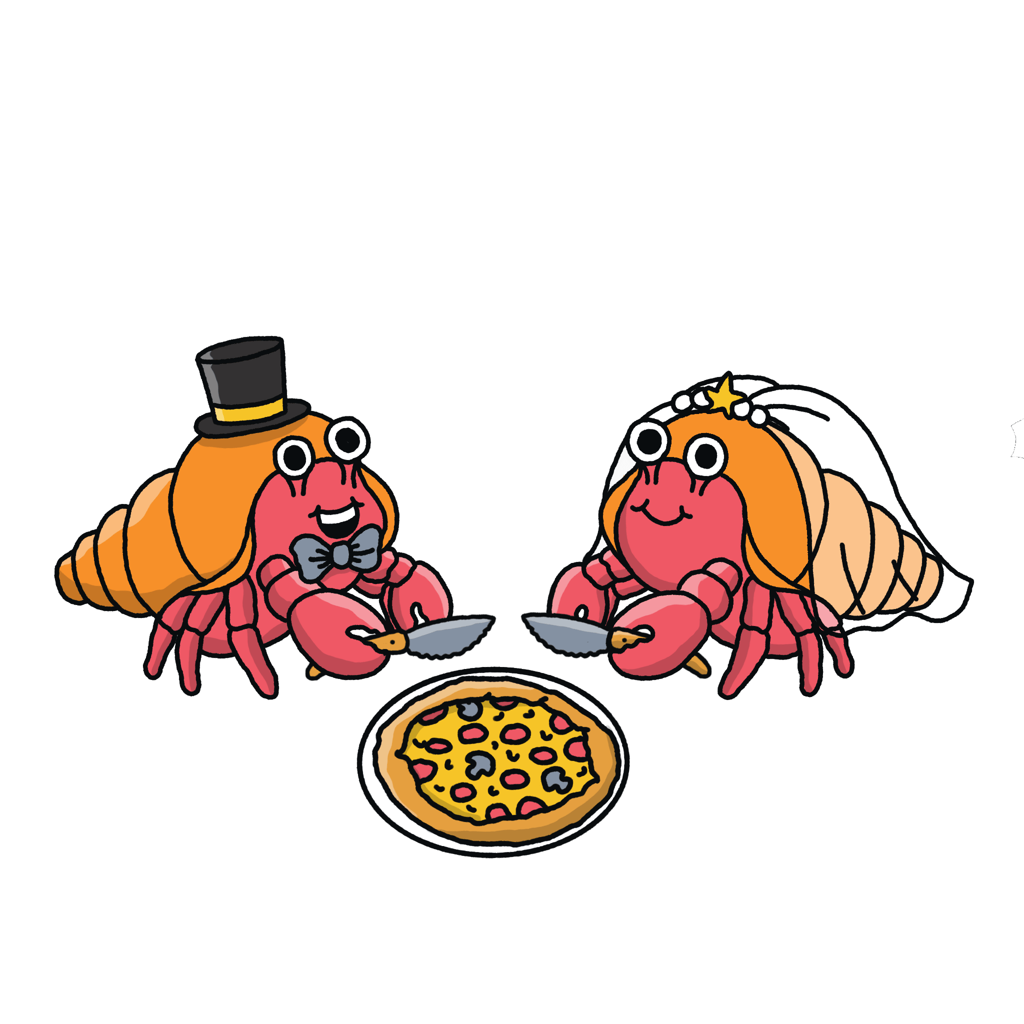 Two hermit crabs sharing a pizza