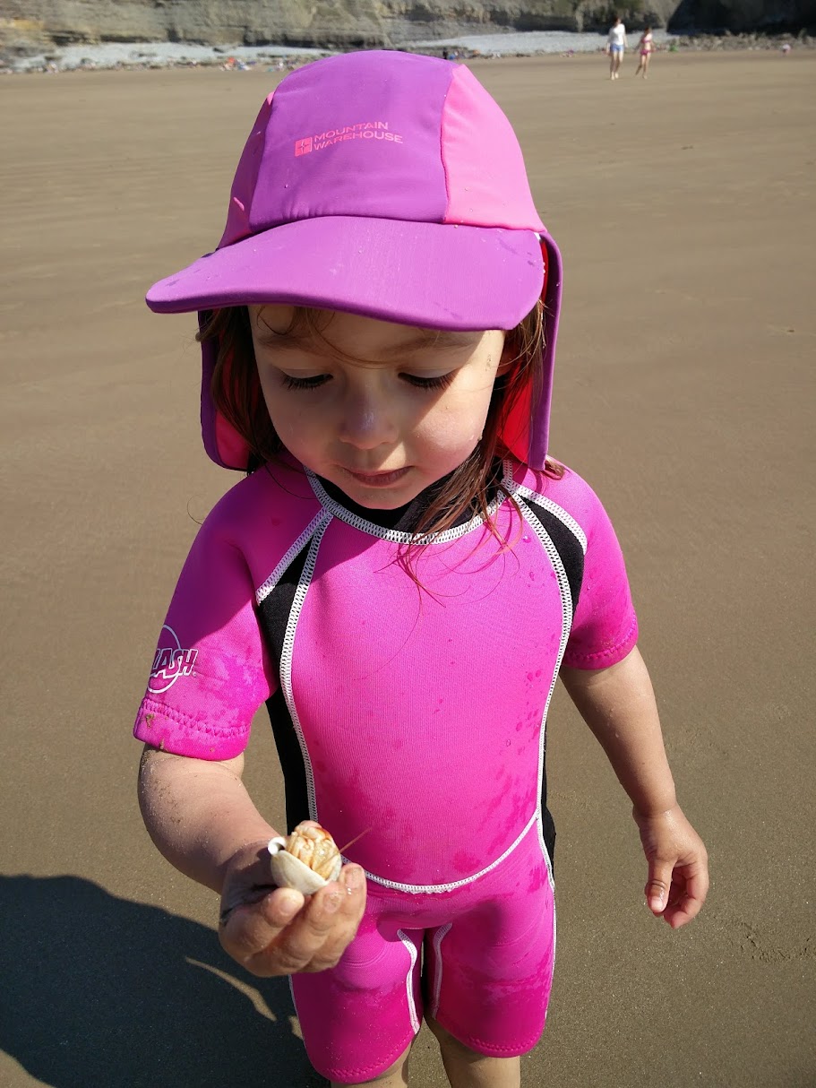 One of Marc's daughters holding Pinchy the hermit crab on a Welsh beach